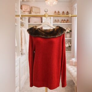NYGARD Collection Red Sweater Faux Fur Collar Women’s Sz L Cozy Winter Knit Top